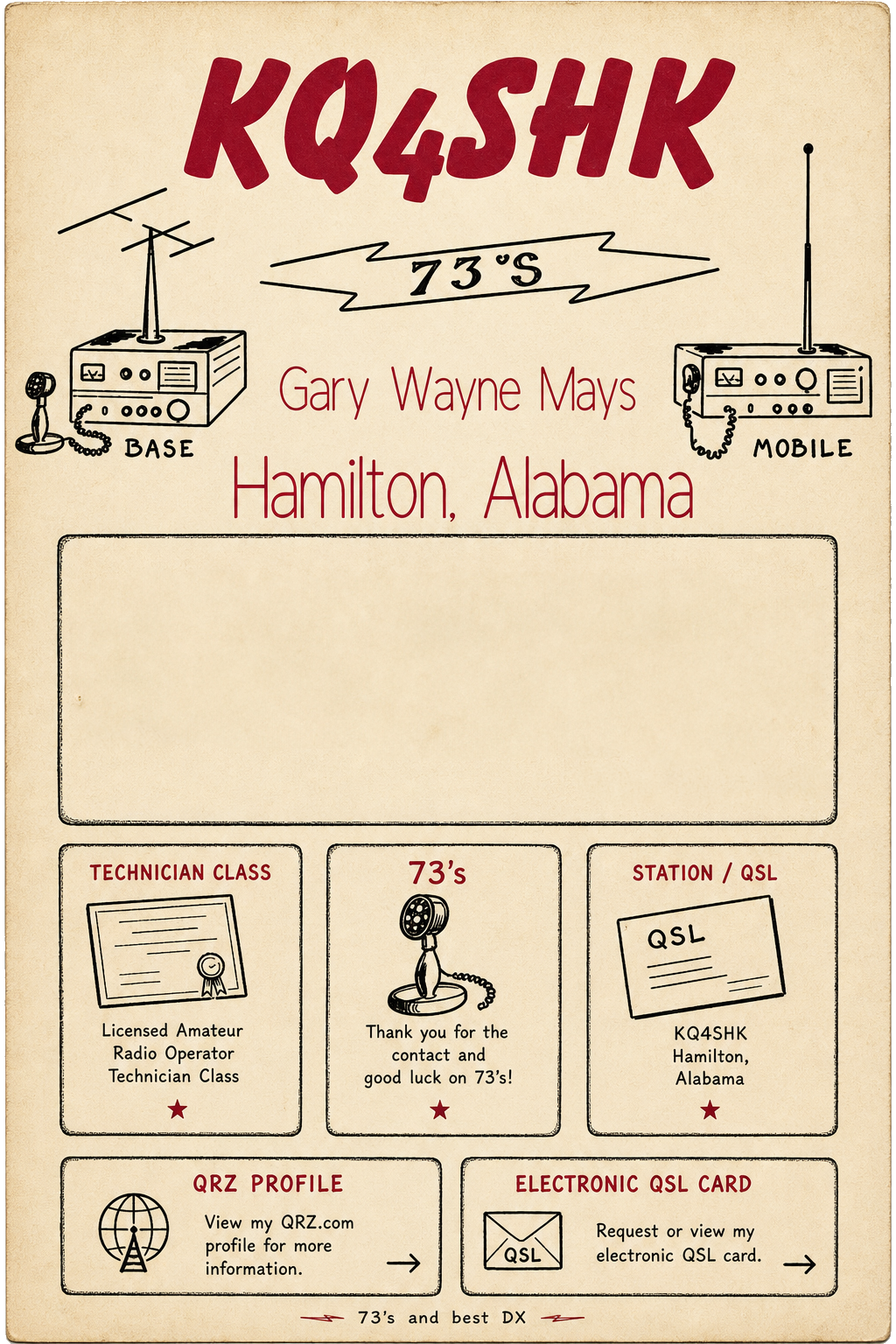 Vintage QSL card webpage artwork for KQ4SHK, Gary Wayne Mays, Hamilton, Alabama, with Technician Class, QRZ Profile, and Electronic QSL Card panels.